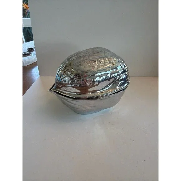 Vintage Silver Plate Walnut Shaped Trinket Box, 1970s Home Decor - ,